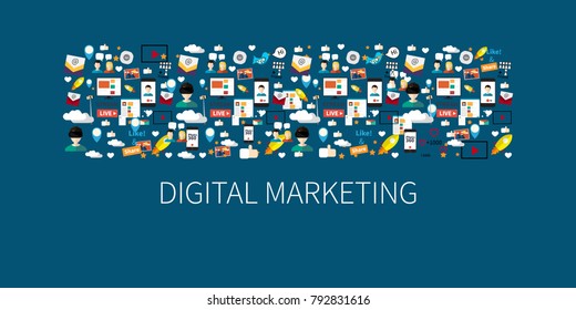 Digital marketing abstract pattern. Social media icons, rocket ship, bird, mail, smart phone. Vector illustration