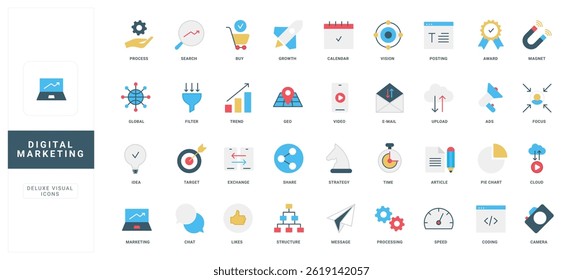 Digital marketing and ads strategy, target sales and SEO analysis, trend growth color icon set. email and direct messages, posting articles on social media, magnet and filter flat vector illustration