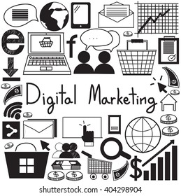 Digital marketing advertisement management and education handwriting doodle icon of sign symbol and analytic tools model in isolated background paper for presentation title with header text (vector)
