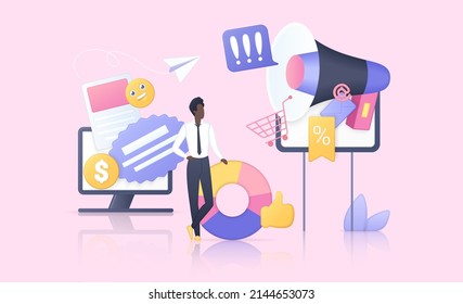 Digital marketing, advertising business. Tiny businessman with megaphone, alert signs and loudspeakers messages to announce news and discount flat vector illustration. Announcement, promotion concept