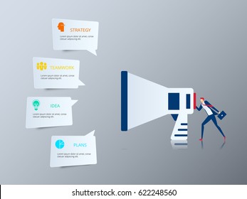 Digital marketing and advertising concept. Businessman using megaphone saying online marketing. Cartoon Vector Illustration.