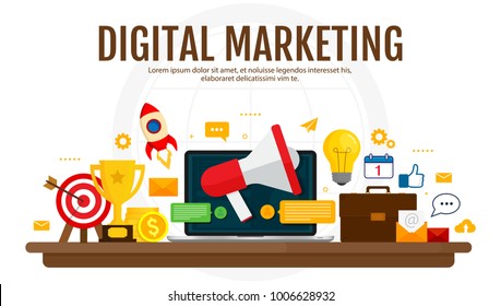 Digital marketing and digital advertising concept. Media promotion, social network, SEO. Isolated flat illustration on white background.