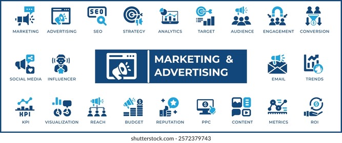 Digital Marketing and Advertising Icon Set. Features icons for digital marketing, content marketing, paid advertising,  ROI, KPIs, and more. Perfect for digital marketers, agencies, and businesses.