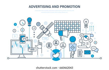 Digital marketing, advertising, online business, financial analysis, research. Promotion through television, social networks, media, video content. Illustration thin line design of vector doodles.