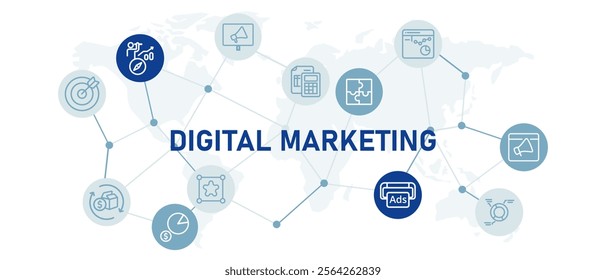 Digital marketing advertising online internet advertisement product sales communication company service illustration web header
