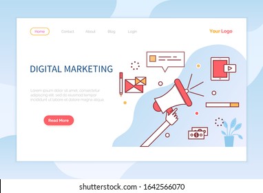 Digital marketing, advertising and promoting posts in internet. Developing business with means of modern technologies. Commerce strategy. Website or webpage template, landing page vector in flat