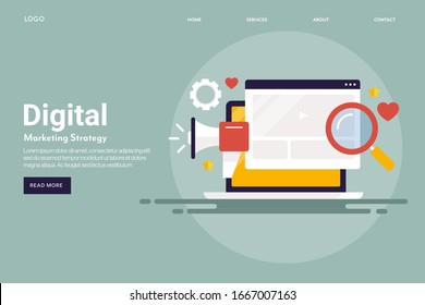 Digital Marketing, Digital Advertising, Social Media Marketing, Conceptual SEO Strategy - Vector Landing Page