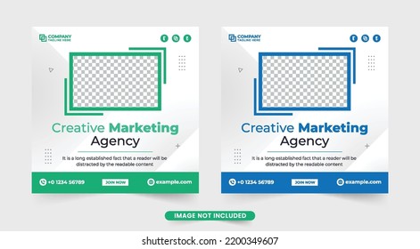 Digital marketing agency advertising poster design with blue and green colors. Professional digital marketing web banner vector with a photo placeholder. Corporate business promotion template layout.