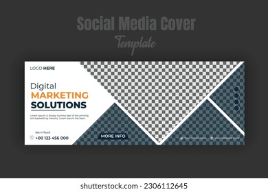 Digital marketing agency business solution timeline cover page or web banner template photo space modern layout dark blue and orange geometric shapes white background and text design for multipurpose