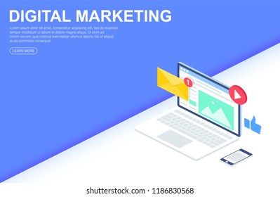 Digital marketing agency, Content sharing. Web banner, infographics. Flat Isometric illustration.