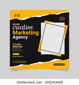 Digital marketing agency. Corporate business marketing square web social media banner flyer template. black and yellow background. sale and discount promo ads.
