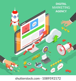 Digital marketing agency. Flat isometric vector concept of social network, SEM, media communication, SEO.