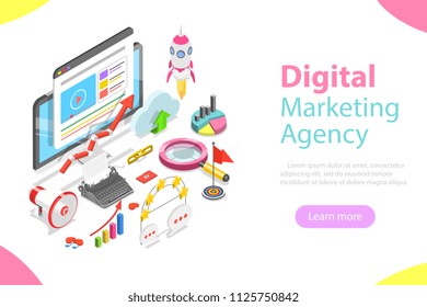 Digital marketing agency. Flat isometric vector concept of social network, SEM, media communication, SEO.