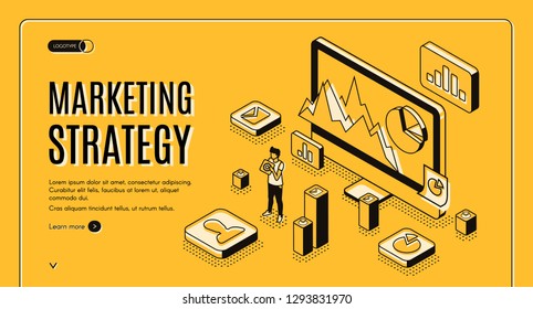 Digital marketing agency isometric vector web banner. Internet entrepreneur planning business strategy, analyzing statistics data online line art illustration. Financial analytic company landing page