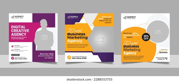 Digital Marketing Agency Online Webinar Social Media Post Set , Corporate Business Promotion Social Media Web Banner, Square Flyer Design Template