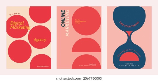 Digital marketing agency posters with bold red circles. Online marketing focus. Eye-catching design for marketing strategies. Perfect for marketing campaigns. Retro pastel branding template vector set