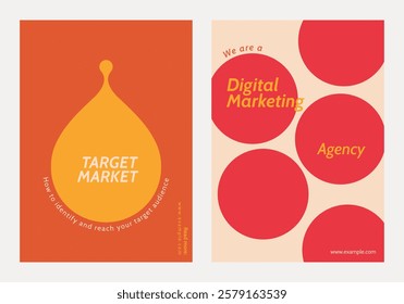 Digital marketing agency posters with bold red and orange designs. Highlighting target market strategies. Eye-catching digital marketing visuals. Retro pastel branding template vector set.