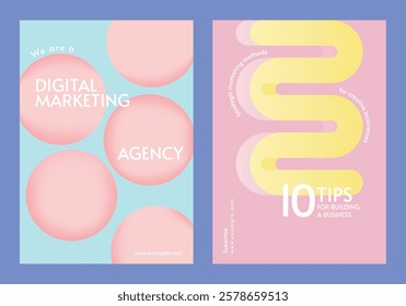 Digital marketing agency posters with pastel colors. Creative design for marketing tips. Modern agency style with abstract shapes. Business marketing focus. Retro pastel branding template vector set.