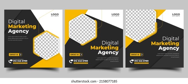 Plantilla de publicación de publicaciones de promociones de agencia de marketing digital en medios sociales. Diseño de banner cuadrado editable con lugar para la foto