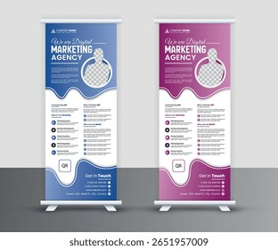 Digital Marketing Agency Roll Up Banner: Professional and modern roll-up banner design for a digital marketing agency. Two color variations: blue and purple.
