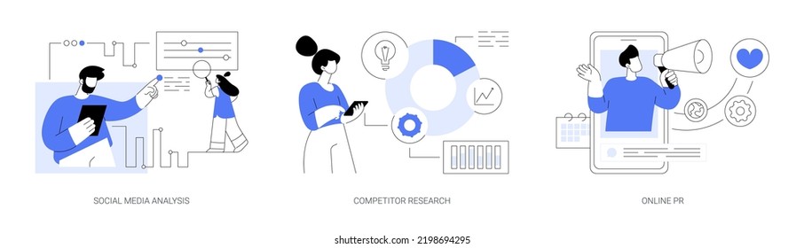 Digital marketing agency services abstract concept vector illustration set. Social media analysis, competitor research, online PR, digital advertising campaign, user profile abstract metaphor.