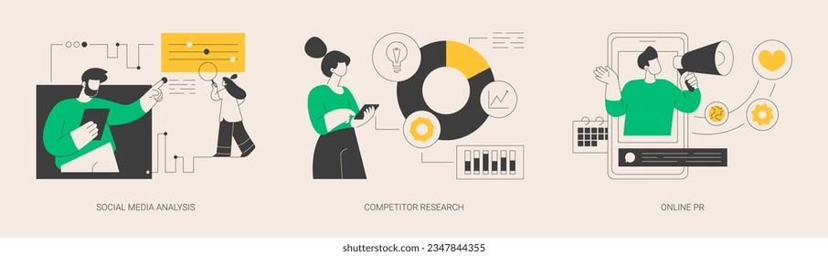 Digital marketing agency services abstract concept vector illustration set. Social media analysis, competitor research, online PR, digital advertising campaign, user profile abstract metaphor.