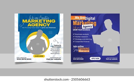 Digital Marketing Agency Social Media Post Set, Corporate Business Promotion Online Webinar Banner, Seminar Square Flyer Design Web Template