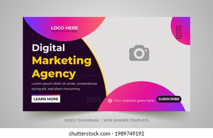 Digital marketing agency video thumbnail and web banner design. Video cover photo fully editable for social media. Customizable web banner template and thumbnail