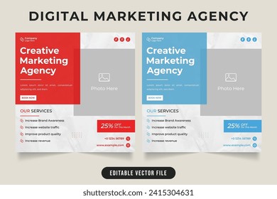 Digital marketing agency web banner with cyan and red colors. Digital marketing business promotion social media post vector with round shapes. Modern corporate agency advertisement poster design.