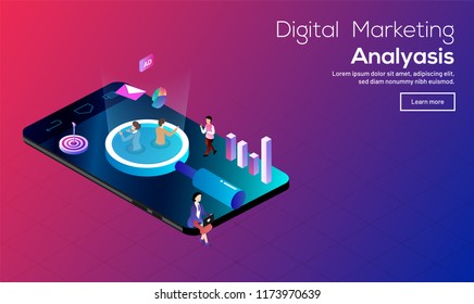 Diseño de banner web basado en el concepto de Análisis de Marketing Digital, People on smartphone con datos de análisis de vidrio de aumento y elementos infográficos.