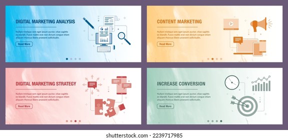 Análisis de marketing digital, marketing de contenidos, estrategia y aumento de la conversión. Plantilla de banners Web con iconos de diseño plano en ilustración vectorial.