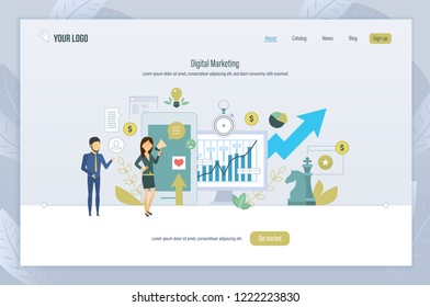 Digital marketing. Analysis of financial statistics, indicators, business strategy, online business, social networks, media marketing, mobile advertising. Landing page template. Vector illustration.