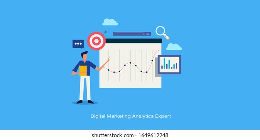 Análisis de marketing digital, Hombre analizando estrategia de marketing digital, Tráfico de búsqueda - banner conceptual vectorial con carácter e iconos