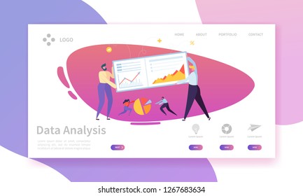 Digital Marketing Analysis Report Chart Landing Page. Business Strategy Analyzing for Progress by Character. Internet Market Analytics Chart Design for Website or Web Page. Flat Vector Illustration