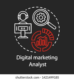 Digital marketing analyst chalk concept icon. SMM metrics specialty idea. Online statistics analysis. Marketing strategies developing. Products promotion. Vector isolated chalkboard illustration