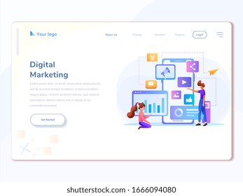 Digital Marketing analyst landing page template. Modern design concepts for web pages and mobile websites. Male and female. Easy to edit and customize. Vector illustration