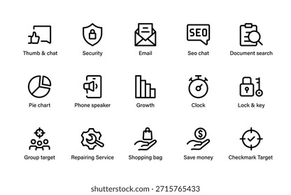 Conjunto de iconos de marketing digital, análisis y comercio. Correo electrónico, SEO, compras, seguridad, promoción, target, comunicación y colección de crecimiento empresarial.