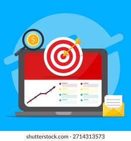 Concepto de análisis de marketing digital que muestra un tablero de instrumentos portátil con objetivo, éxito de flecha, gráfico de crecimiento, análisis de ingresos y rendimiento de la campaña de correo electrónico.