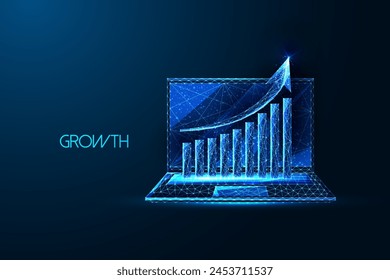 Digital marketing analytics, E-commerce, Online Performance Tracking futuristic concept in glowing low polygonal style on dark blue background. Modern abstract connection design vector illustration.