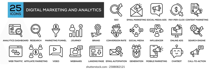 Digital Marketing and Analytics icon collection set. Containing design SEO, Email Marketing, Social Media Ads, Pay-Per-Click, Content Marketing