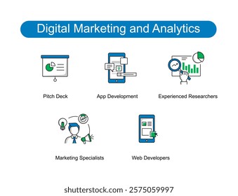 Digital Marketing and Analytics. Icons included: Marketing Specialists, Web Developers, Experienced Researchers, Pitch Deck, App Development.