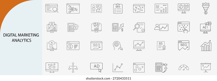 análise de marketing digital e ícones de estratégia seo, estilo de vetor de linha fina