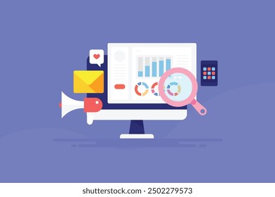 Digital marketing analytics software, Software dashboard with graph and chart, Digital marketing report, SEO tools - vector illustration background with icons