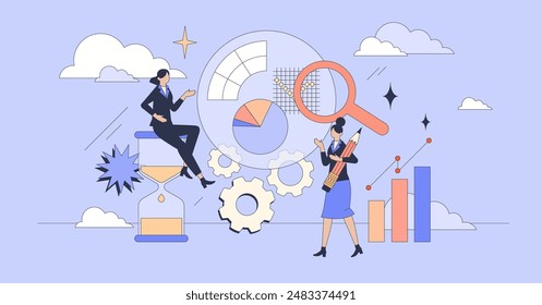 Digital marketing analytics tools and software tiny person neubrutalism concept. Website audience monitoring and traffic analyzing in advertisement campaign for efficiency control vector illustration