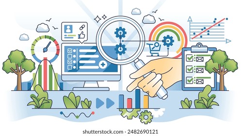 Digital marketing analytics tools or website monitoring outline hands concept. Search engine optimization or SEO performance analysis with charts, reports and data diagrams vector illustration.