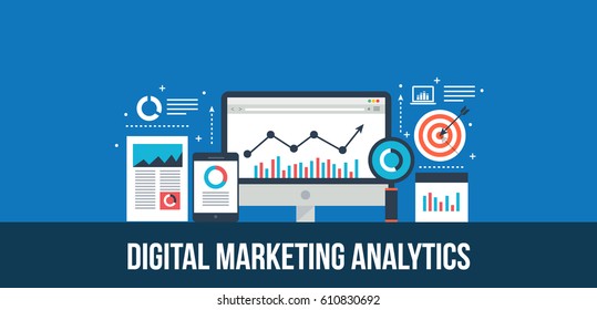 Digital marketing analytics, web analysis, marketing report flat vector concept with icons