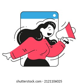 Digital Marketing Announce Promo Advertising Concept Woman With Megaphone Speaking Loud At Smartphone Screen Vector Flat Illustration. Commercial Internet Media Network Blog Advertisement Campaign