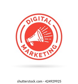 Digital marketing announcement badge emblem with red promotion loudspeaker icon / megaphone symbol. Vector illustration.