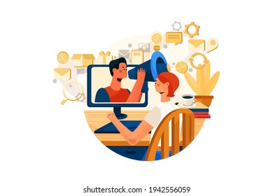 Digital Marketing announcement though computer, Vector Illustration concept. Flat illustration isolated on white background.