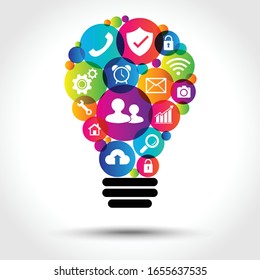 digital marketing applications light bulb. modern creative thinking. Business communication. vector illustation flat design. social media icon on white background. function menu phone technology.